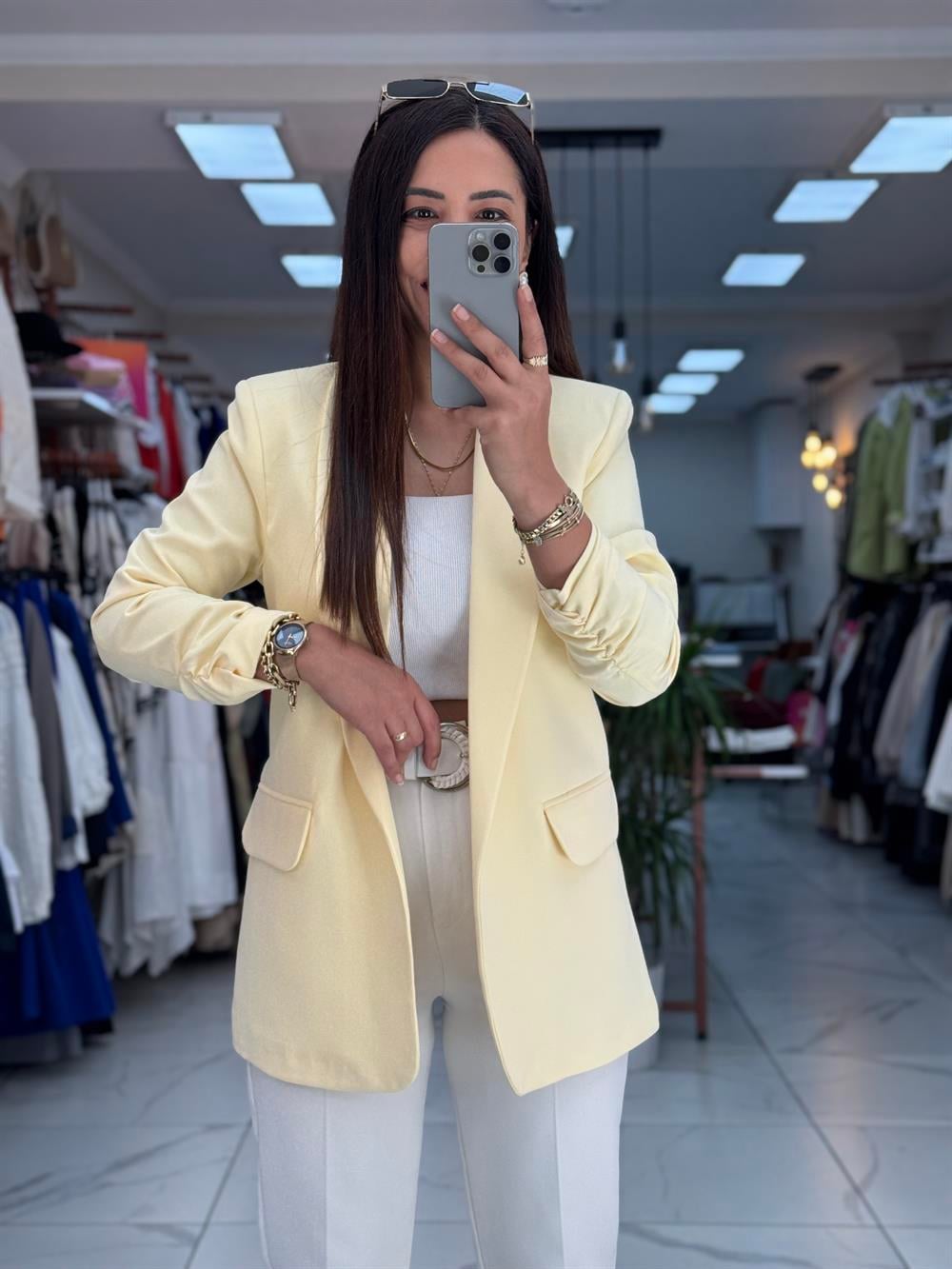 Kolu Büzgülü Blazer Ceket Sarı