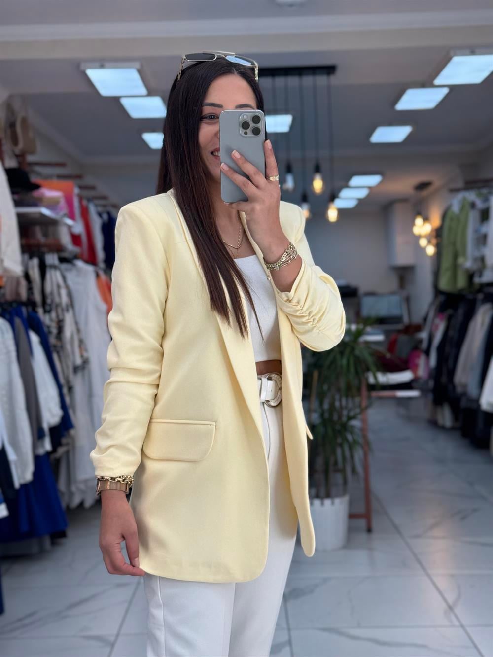 Kolu Büzgülü Blazer Ceket Sarı