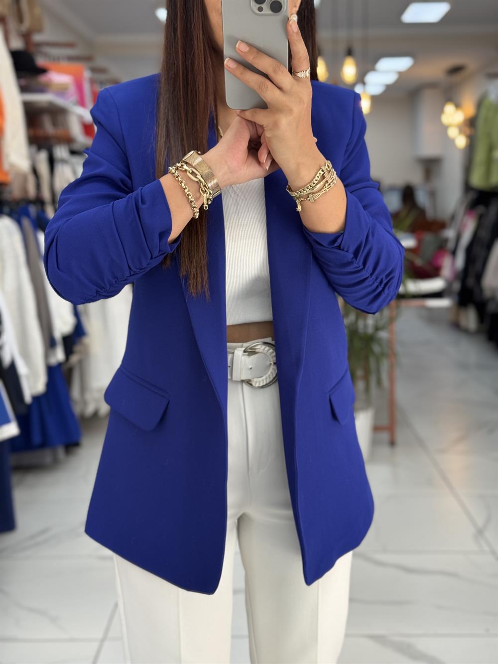 Kolu Büzgülü Blazer Ceket Sax Mavi