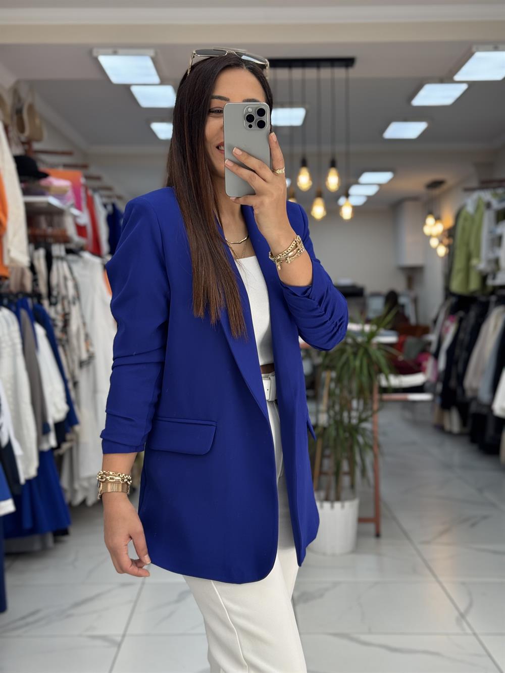 Kolu Büzgülü Blazer Ceket Sax Mavi