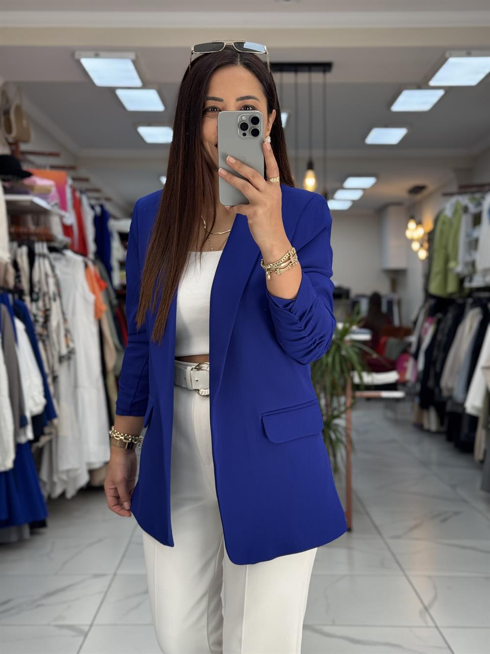 Kolu Büzgülü Blazer Ceket Sax Mavi