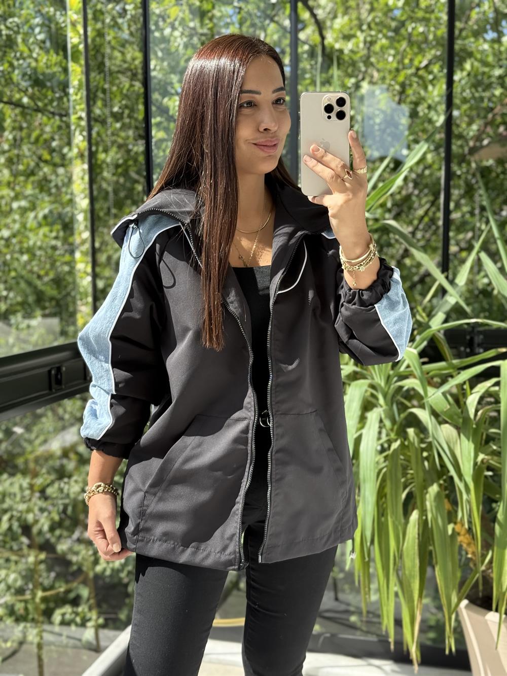 Kolu Çizgili Mix Yağmurluk Siyah