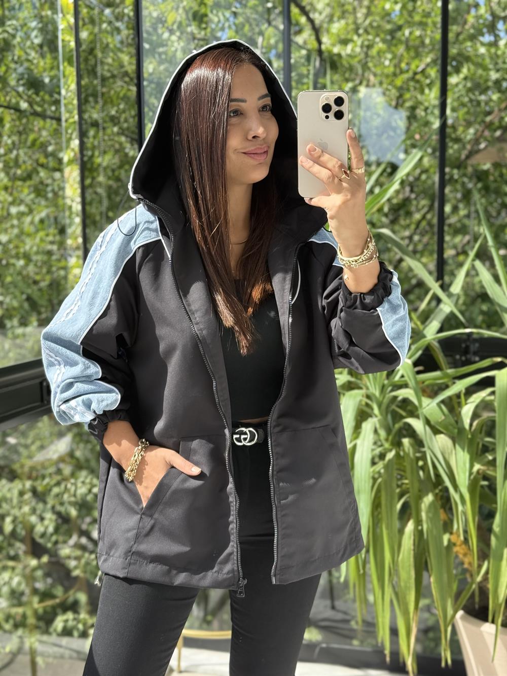 Kolu Çizgili Mix Yağmurluk Siyah