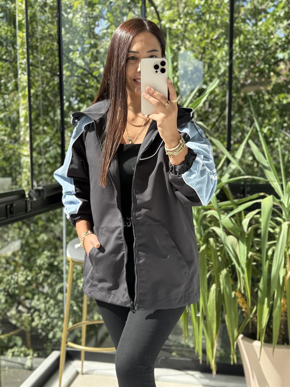 Kolu Çizgili Mix Yağmurluk Siyah