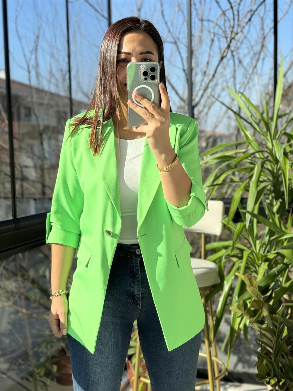 Kolu Düğmeli Blazer Ceket Neon Yeşil