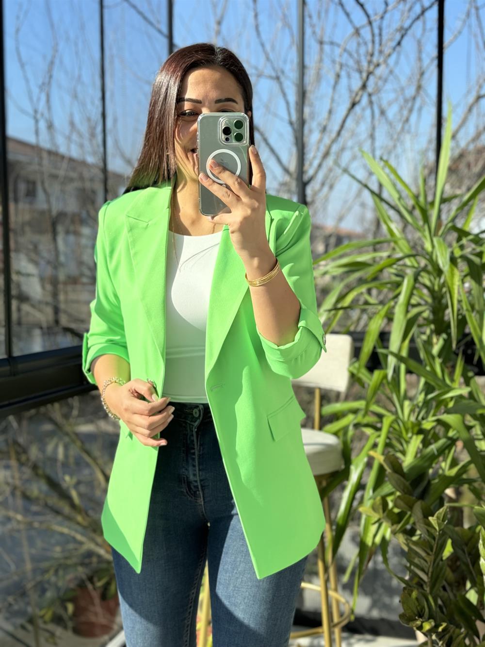 Kolu Düğmeli Blazer Ceket Neon Yeşil