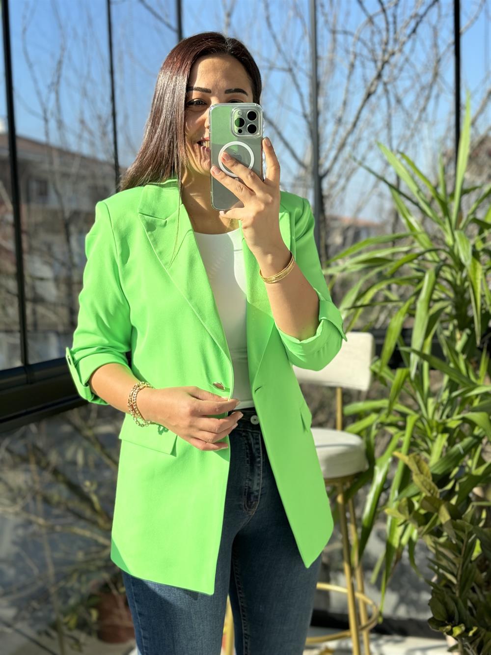 Kolu Düğmeli Blazer Ceket Neon Yeşil