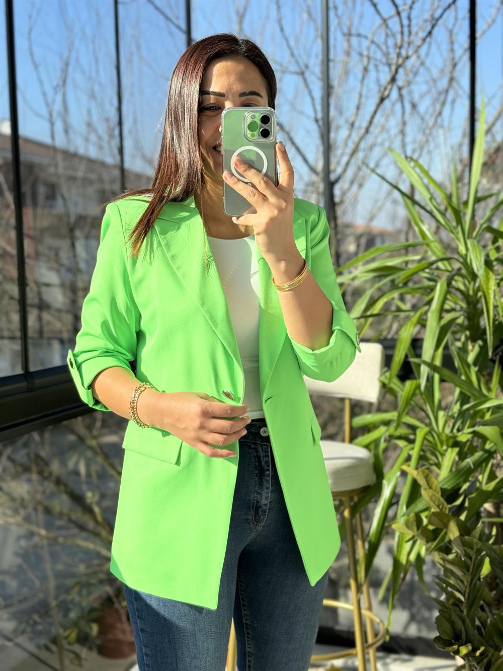 Kolu Düğmeli Blazer Ceket Neon Yeşil