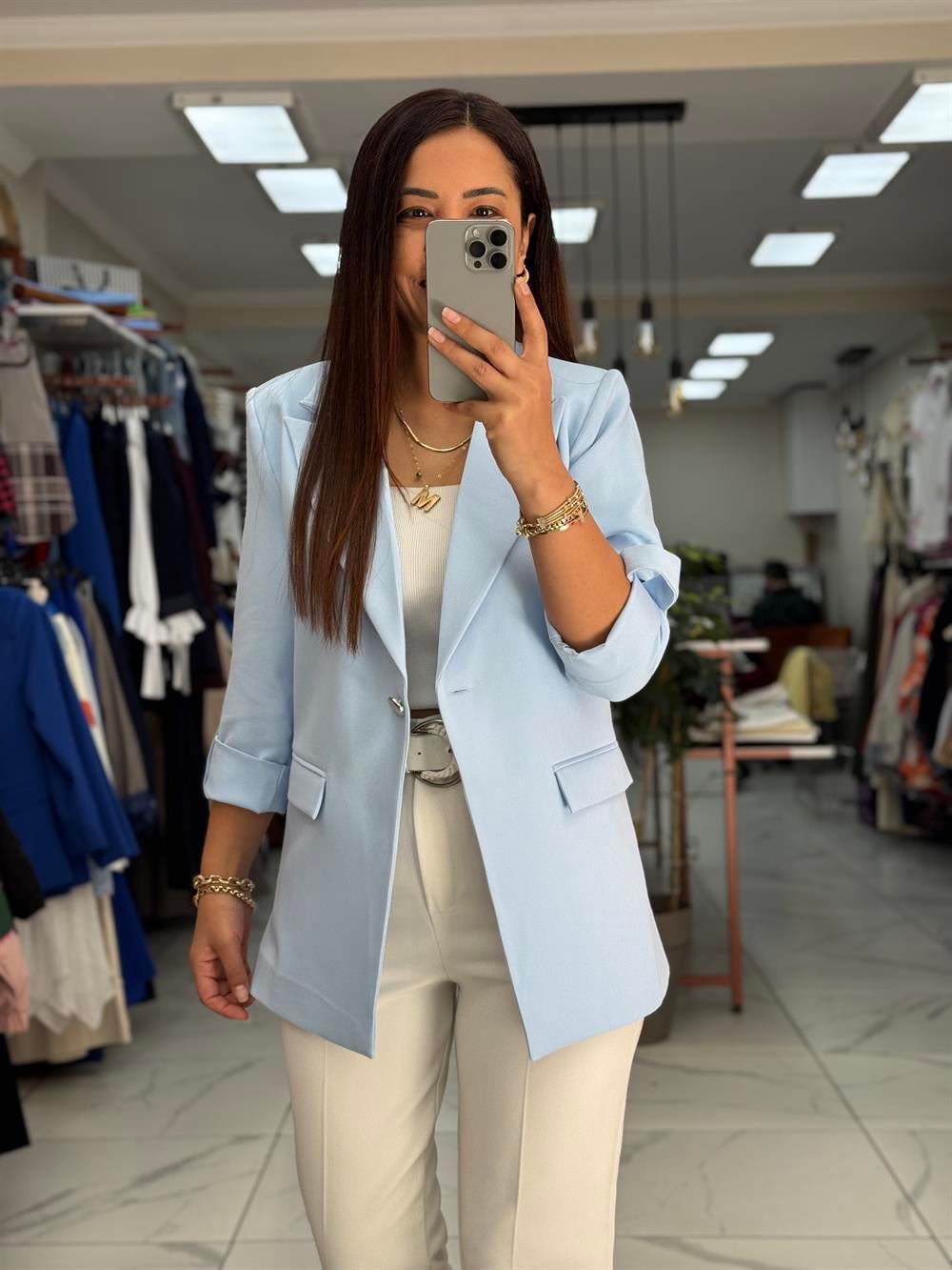 Kolu Düğmeli Blazer Ceket Bebe Mavi