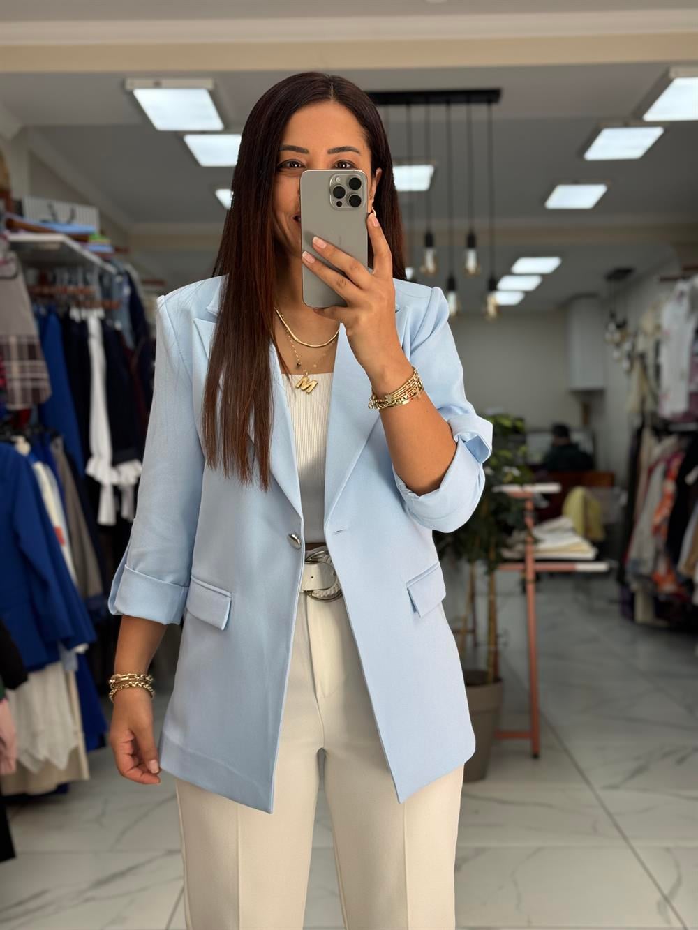 Kolu Düğmeli Blazer Ceket Bebe Mavi