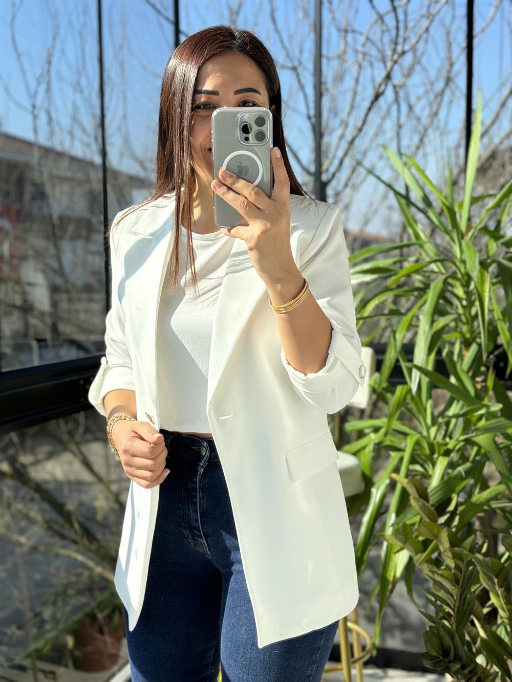 Kolu Düğmeli Blazer Ceket Beyaz