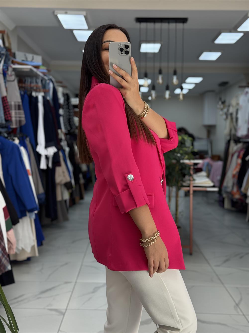 Kolu Düğmeli Blazer Ceket Fuşya