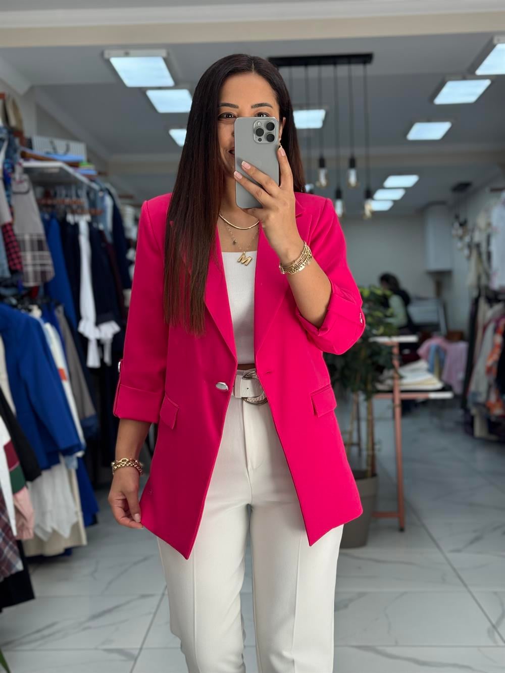Kolu Düğmeli Blazer Ceket Fuşya