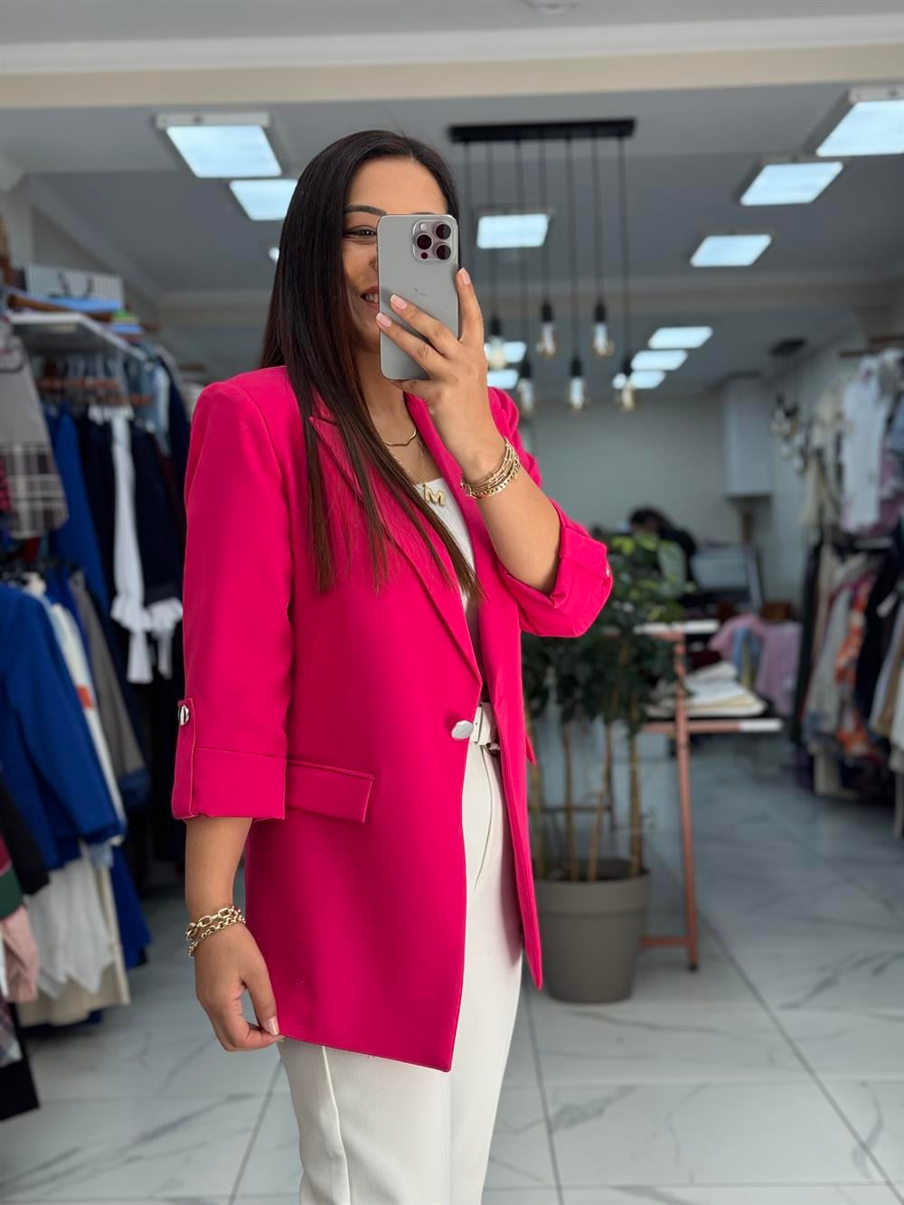 Kolu Düğmeli Blazer Ceket Fuşya