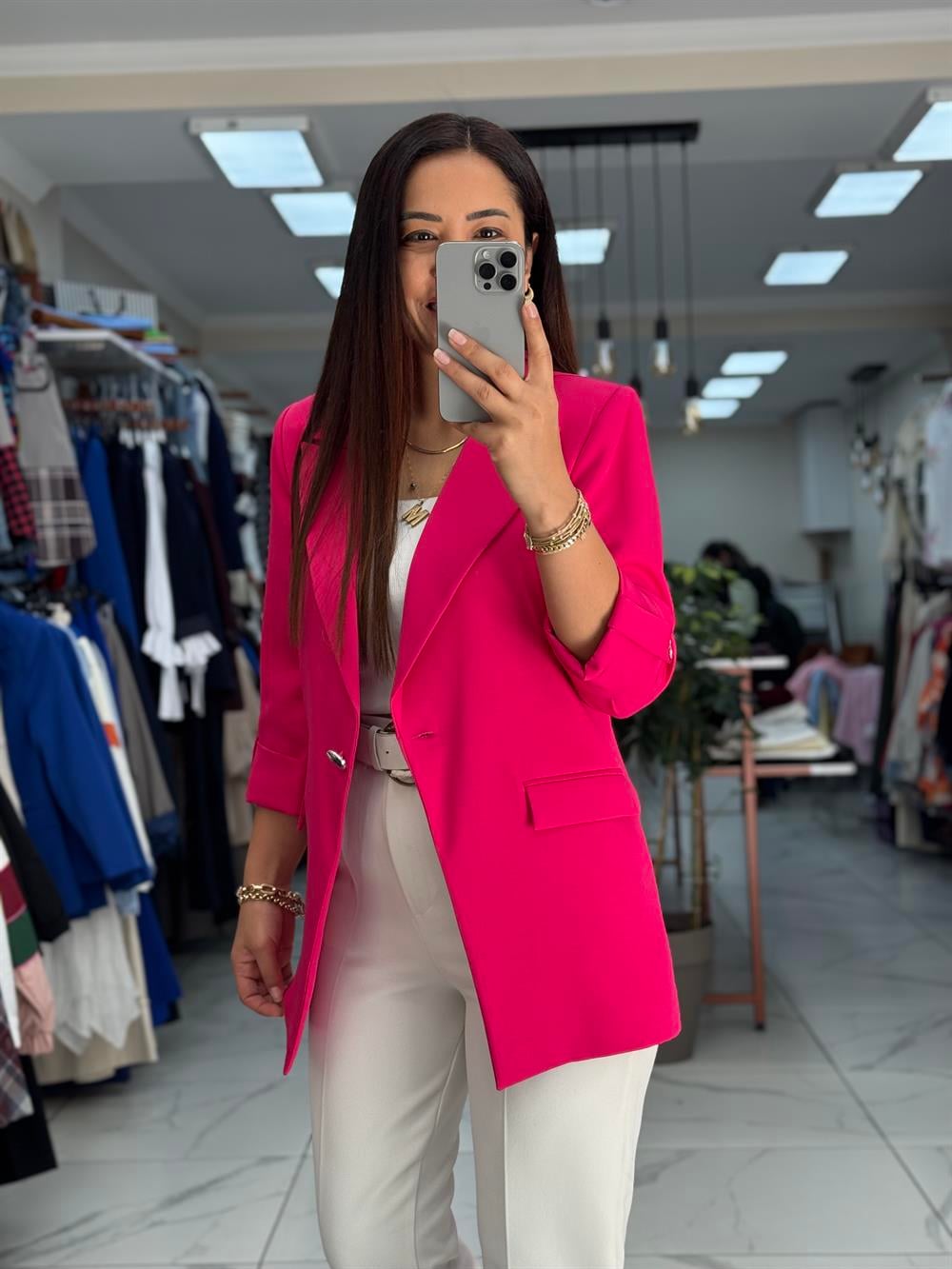 Kolu Düğmeli Blazer Ceket Fuşya