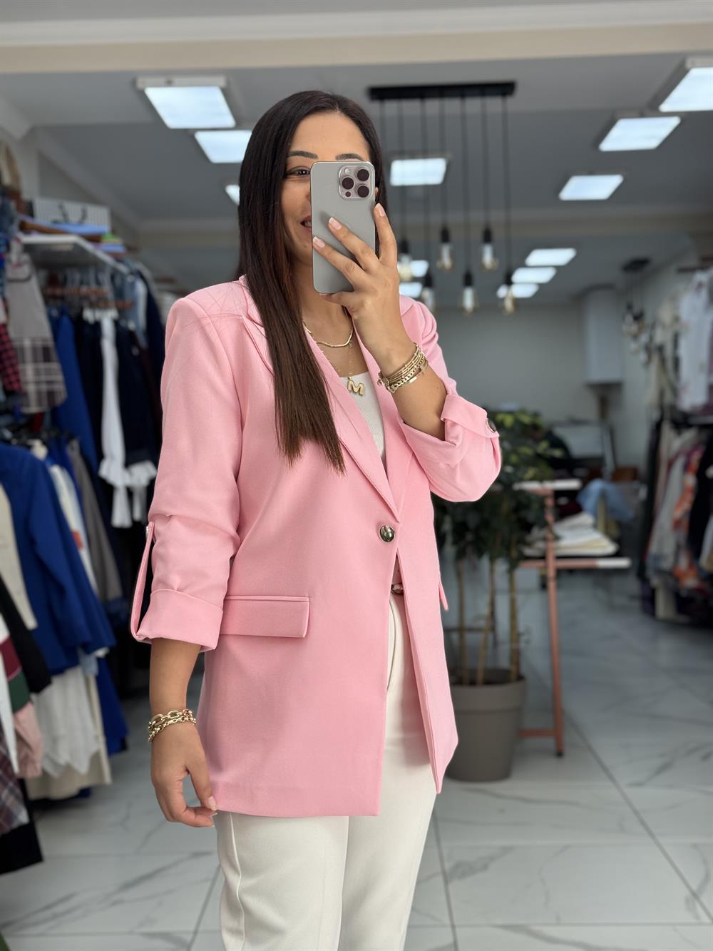 Kolu Düğmeli Blazer Ceket Pudra ( Pembe )