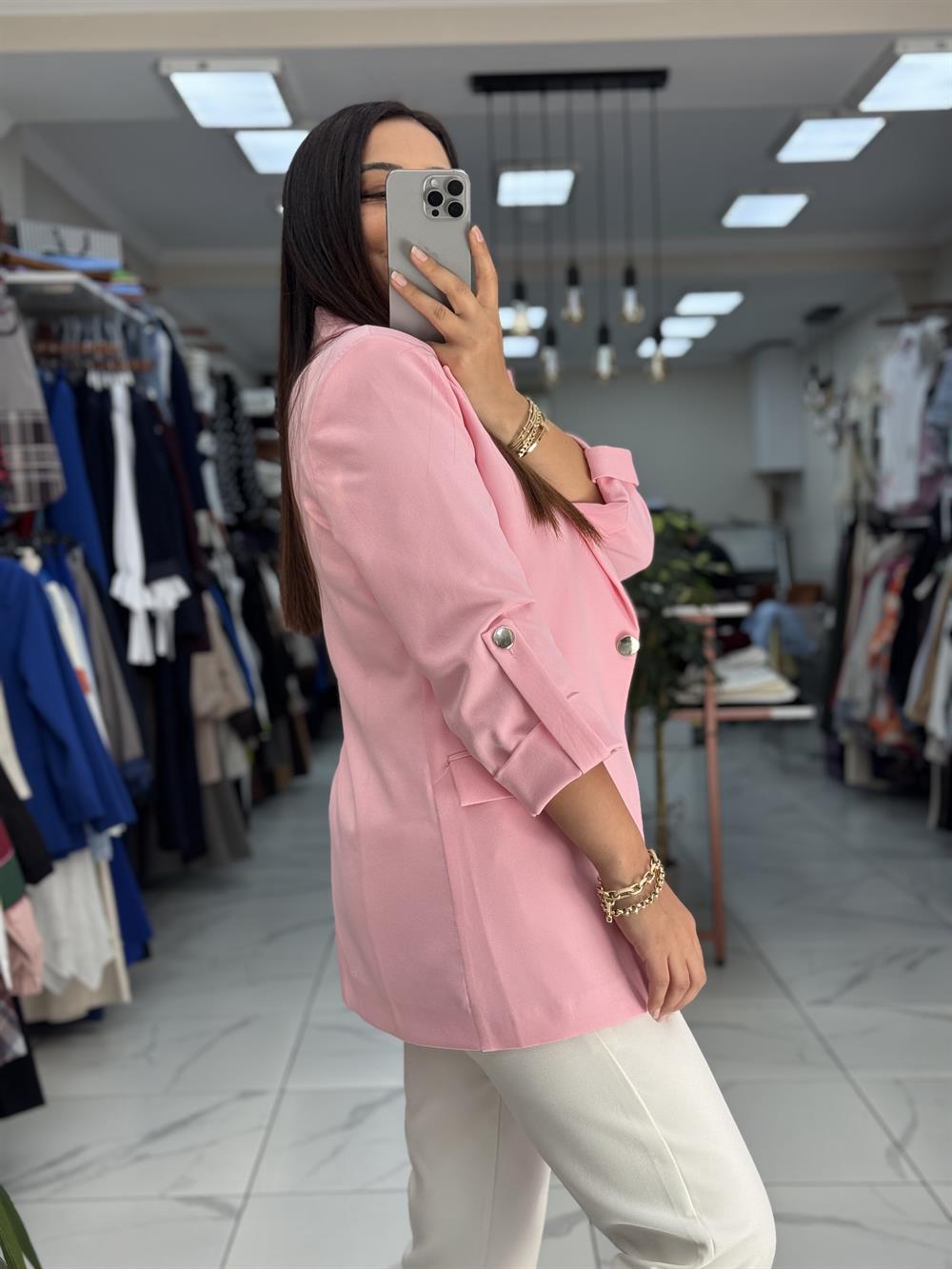 Kolu Düğmeli Blazer Ceket Pudra ( Pembe )