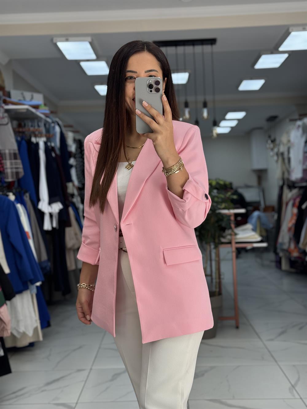Kolu Düğmeli Blazer Ceket Pudra ( Pembe )