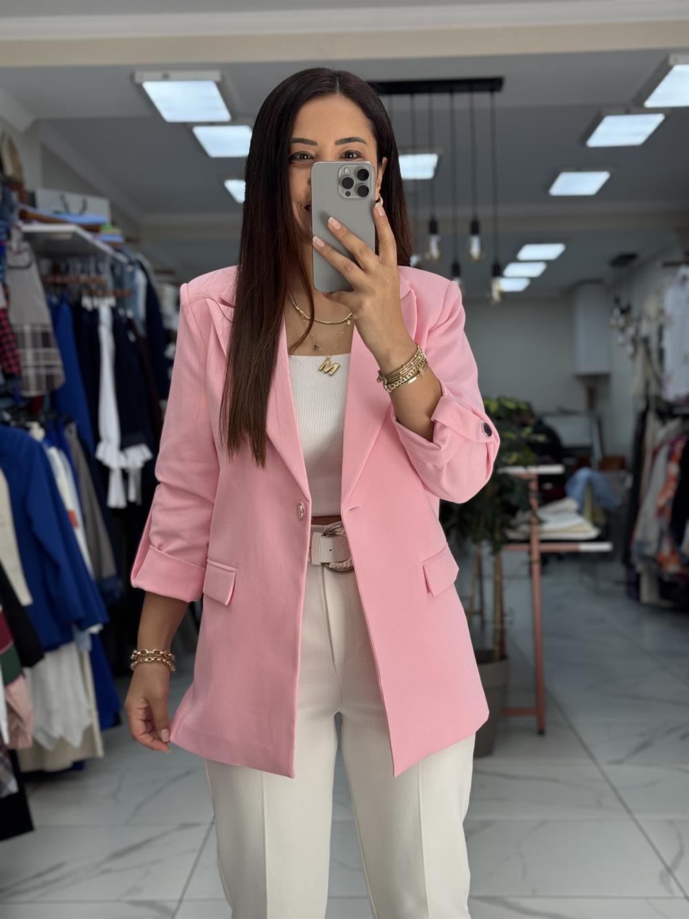Kolu Düğmeli Blazer Ceket Pudra ( Pembe )