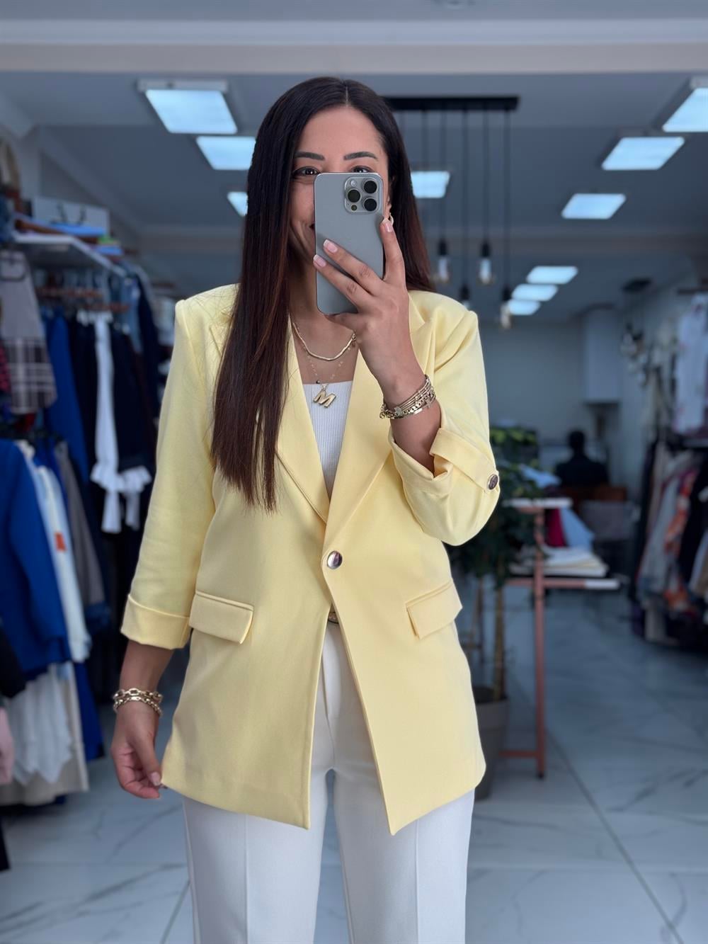 Kolu Düğmeli Blazer Ceket Sarı