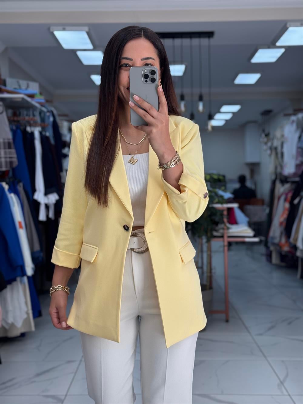 Kolu Düğmeli Blazer Ceket Sarı
