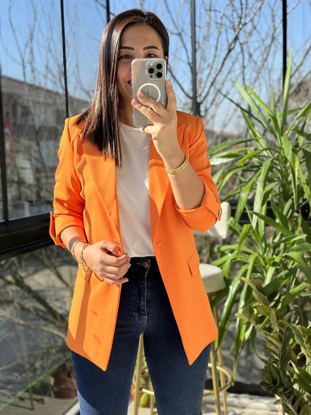 Kolu Düğmeli Blazer Ceket Turuncu