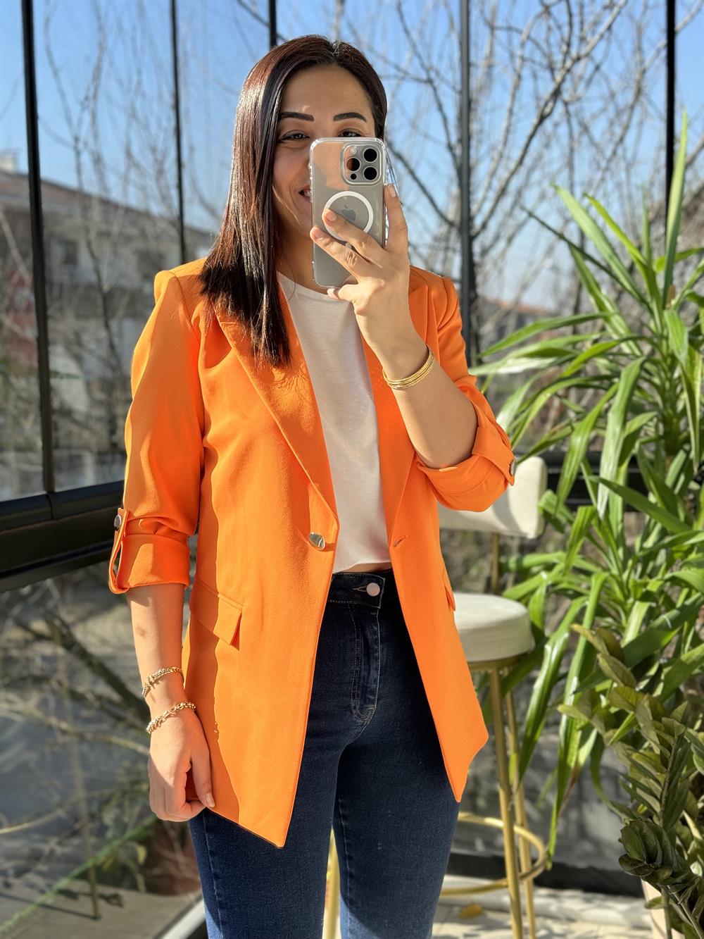 Kolu Düğmeli Blazer Ceket Turuncu