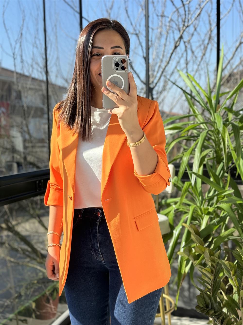 Kolu Düğmeli Blazer Ceket Turuncu