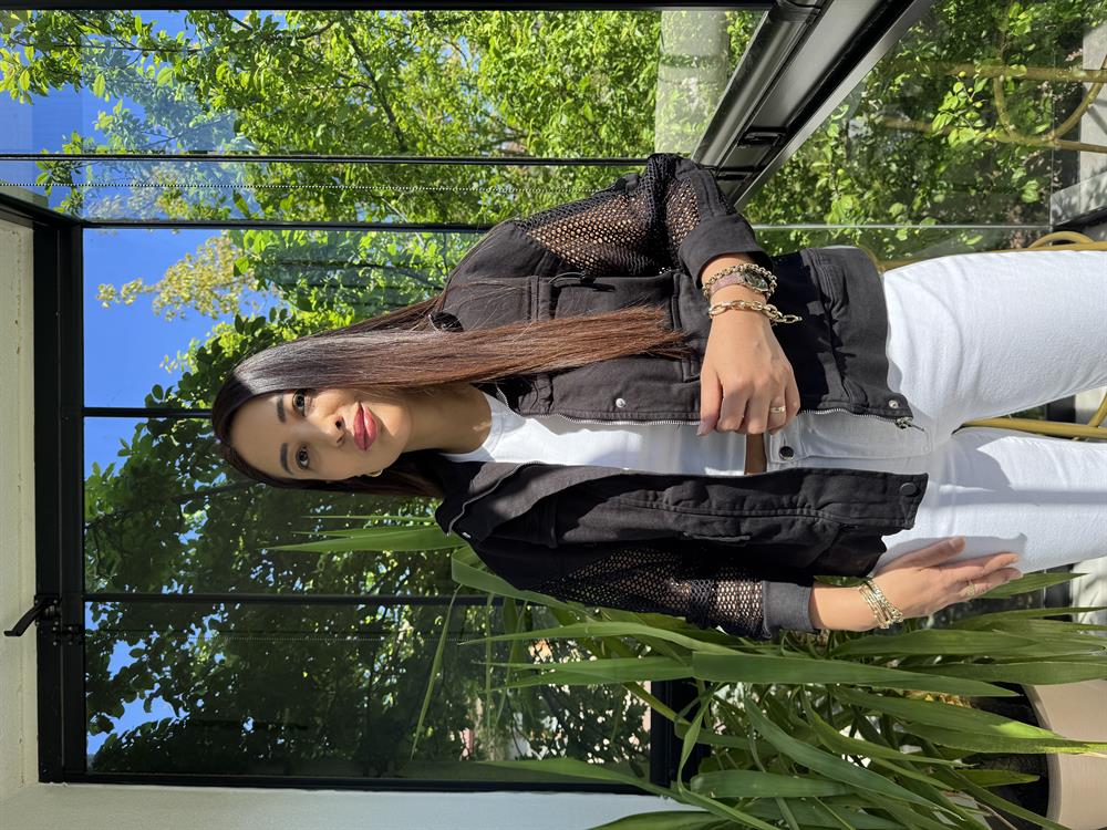 Kolu Fileli Gabardin Ceket Siyah