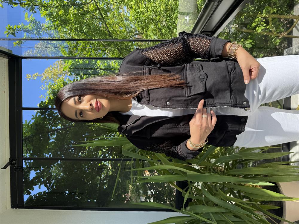 Kolu Fileli Gabardin Ceket Siyah