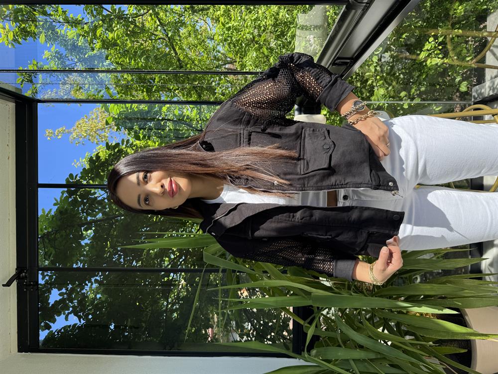 Kolu Fileli Gabardin Ceket Siyah