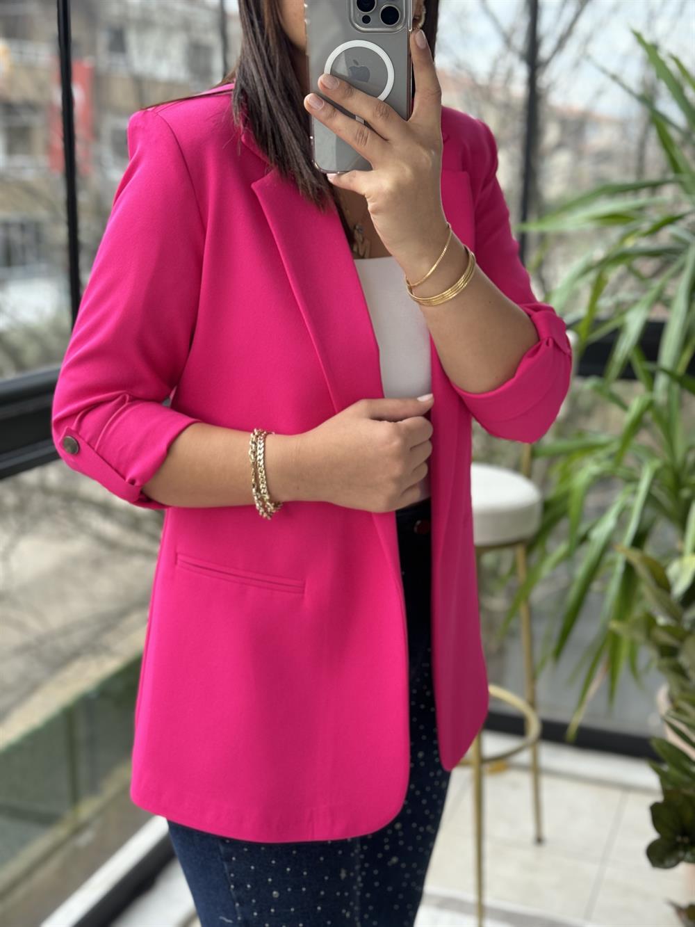 Kolu Kat Detaylı Blazer Ceket Fuşya