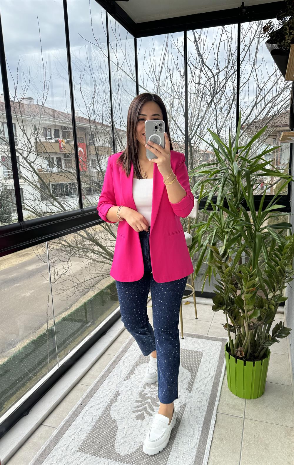 Kolu Kat Detaylı Blazer Ceket Fuşya