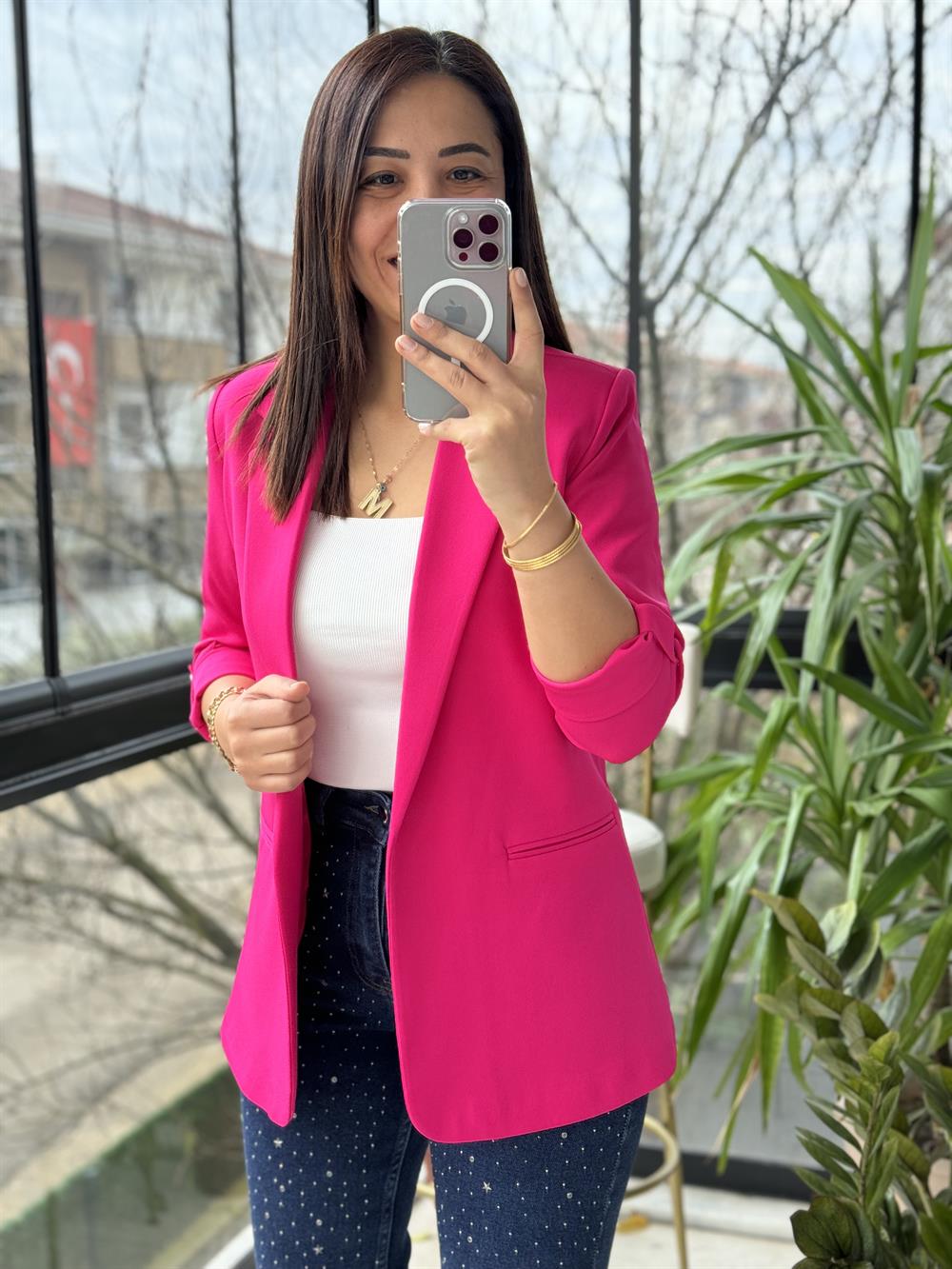 Kolu Kat Detaylı Blazer Ceket Fuşya