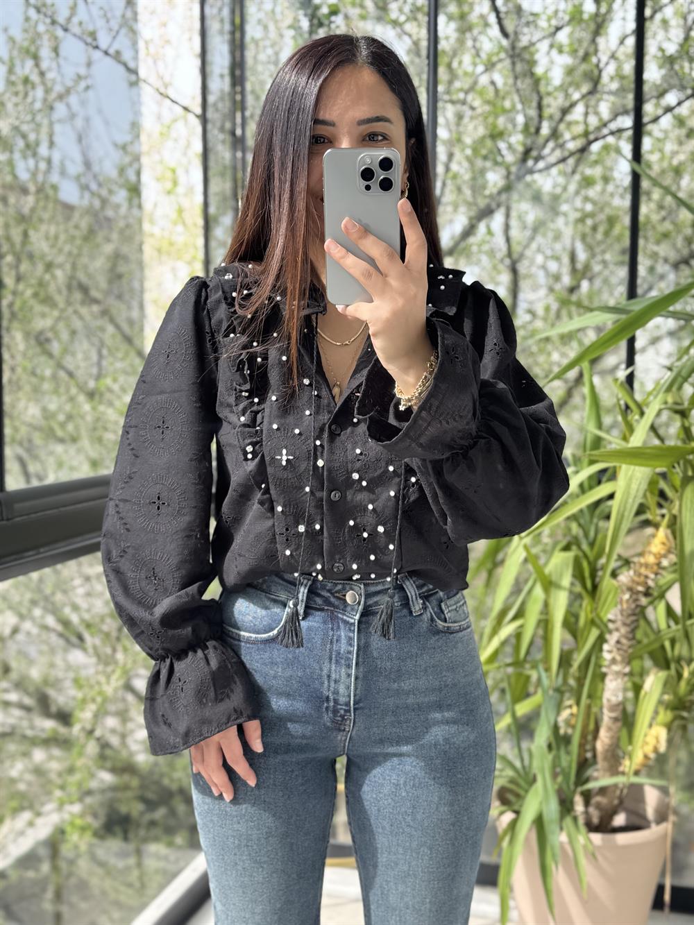 Komple Brode Taş İşlemeli Gömlek Siyah