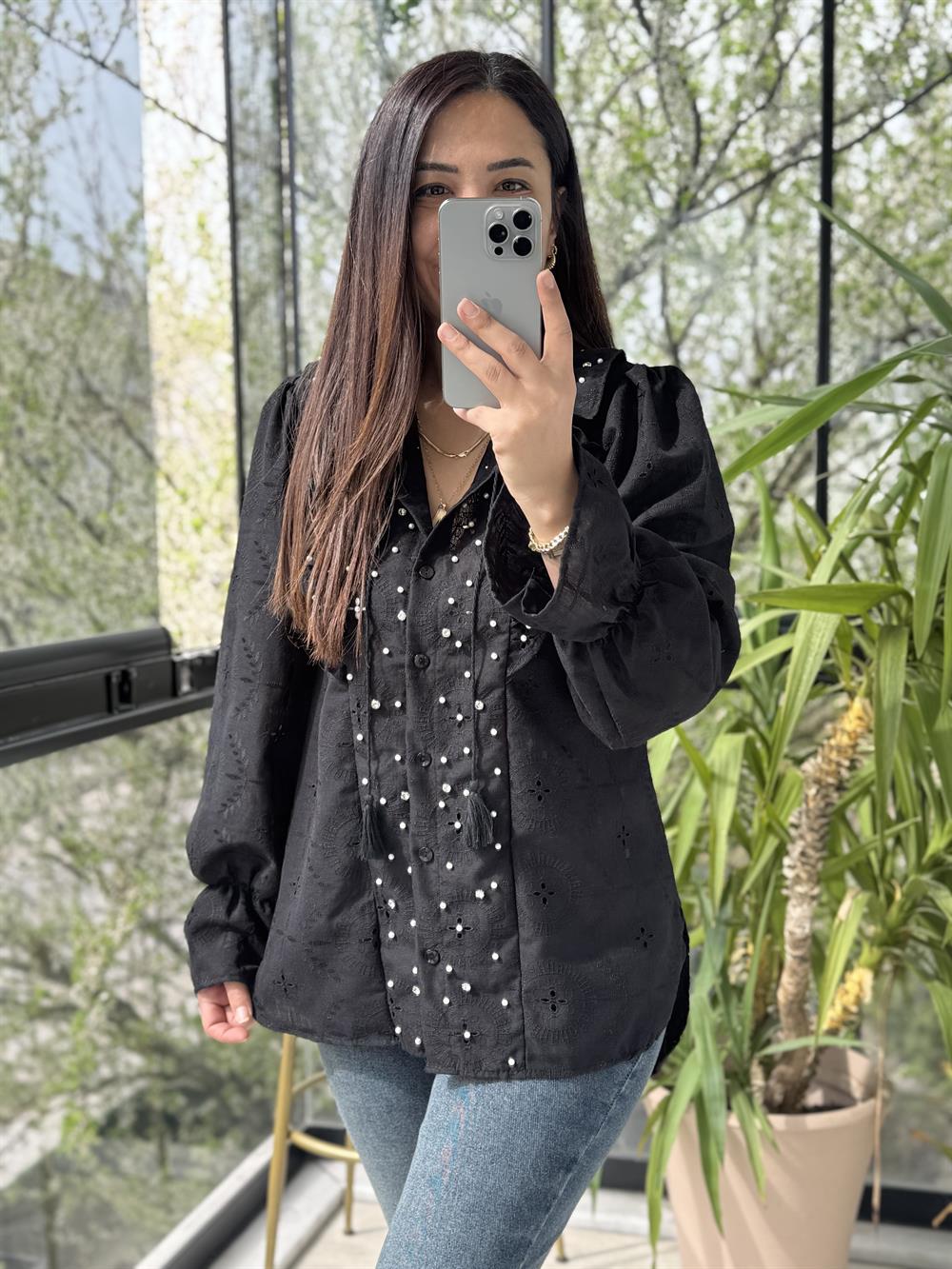 Komple Brode Taş İşlemeli Gömlek Siyah