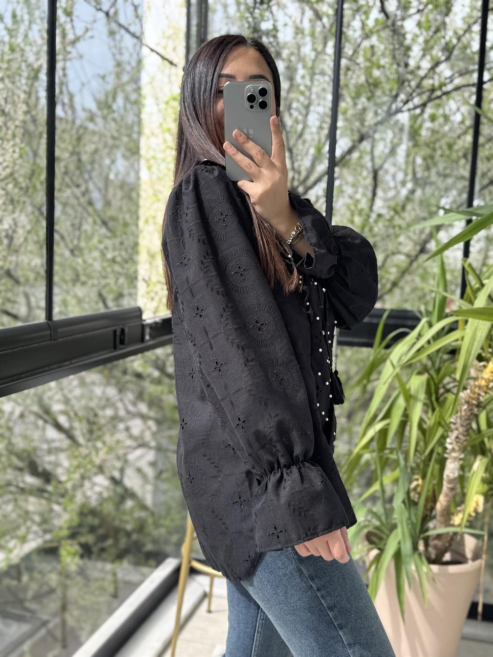 Komple Brode Taş İşlemeli Gömlek Siyah