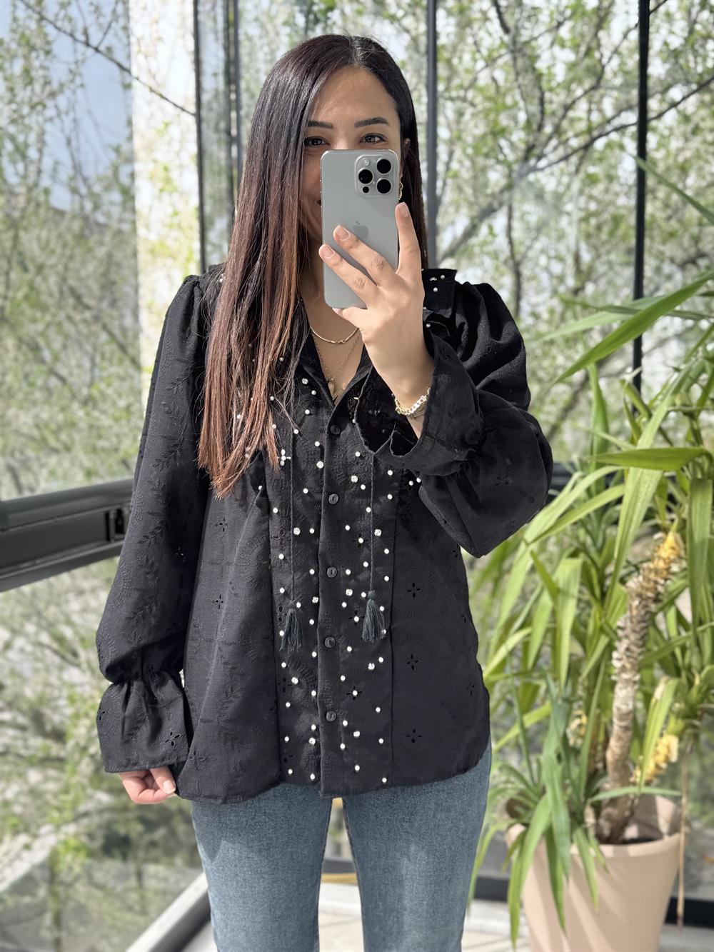 Komple Brode Taş İşlemeli Gömlek Siyah