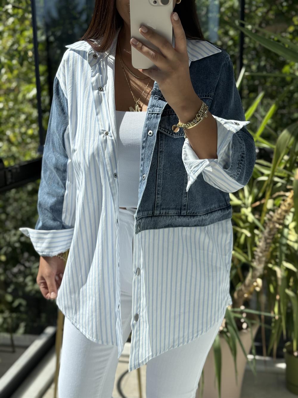 Kot Detaylı Çizgili Poplin Gömlek Mavi