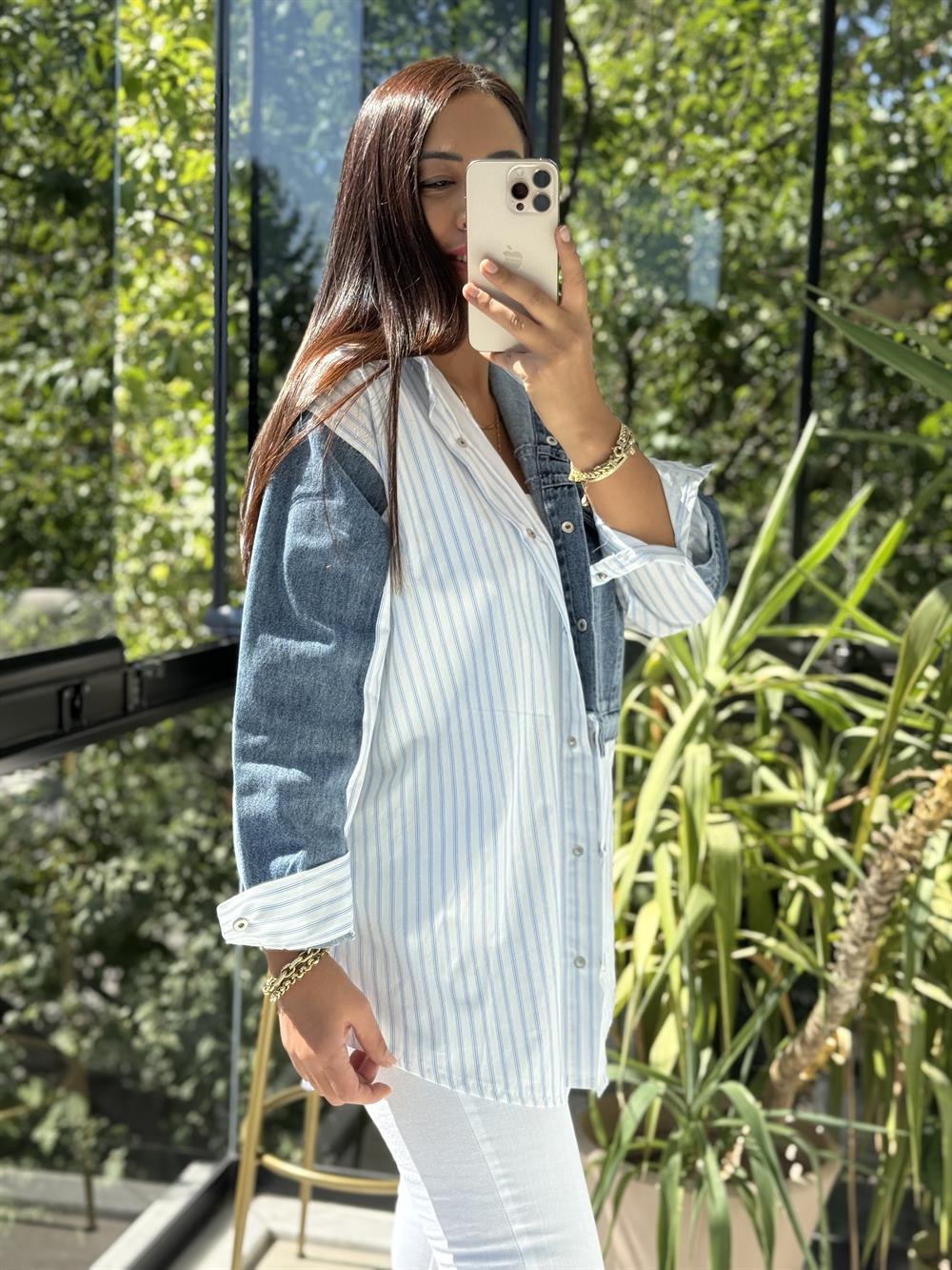 Kot Detaylı Çizgili Poplin Gömlek Mavi