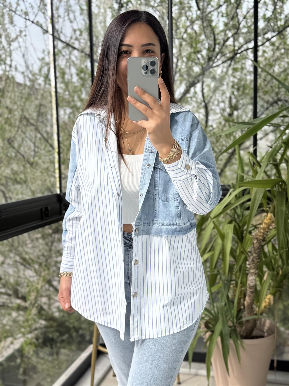 Kot Detaylı Çizgili Poplin Gömlek Mavi 