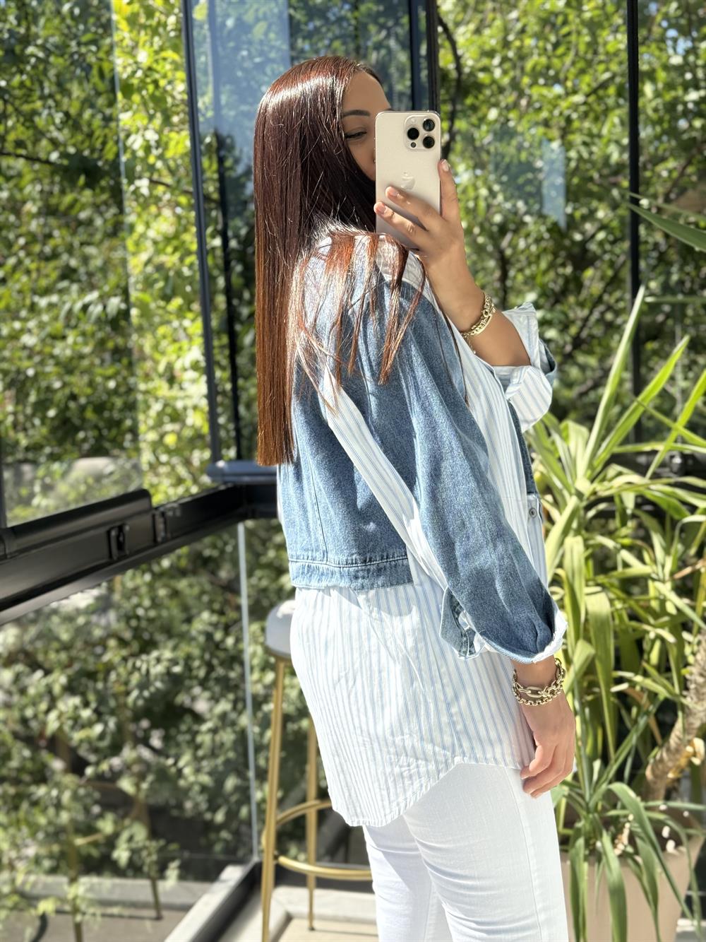 Kot Detaylı Çizgili Poplin Gömlek Mavi