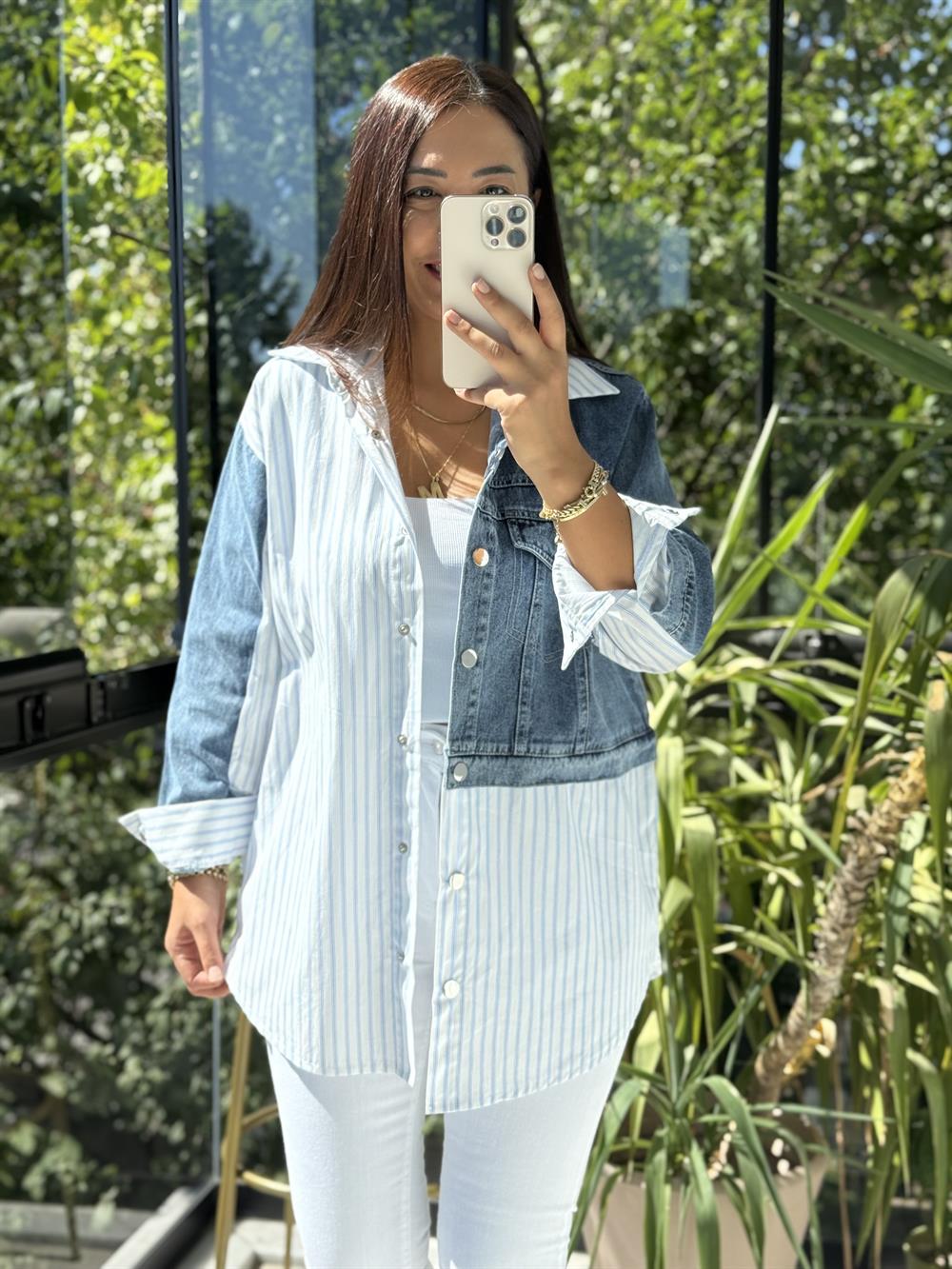 Kot Detaylı Çizgili Poplin Gömlek Mavi