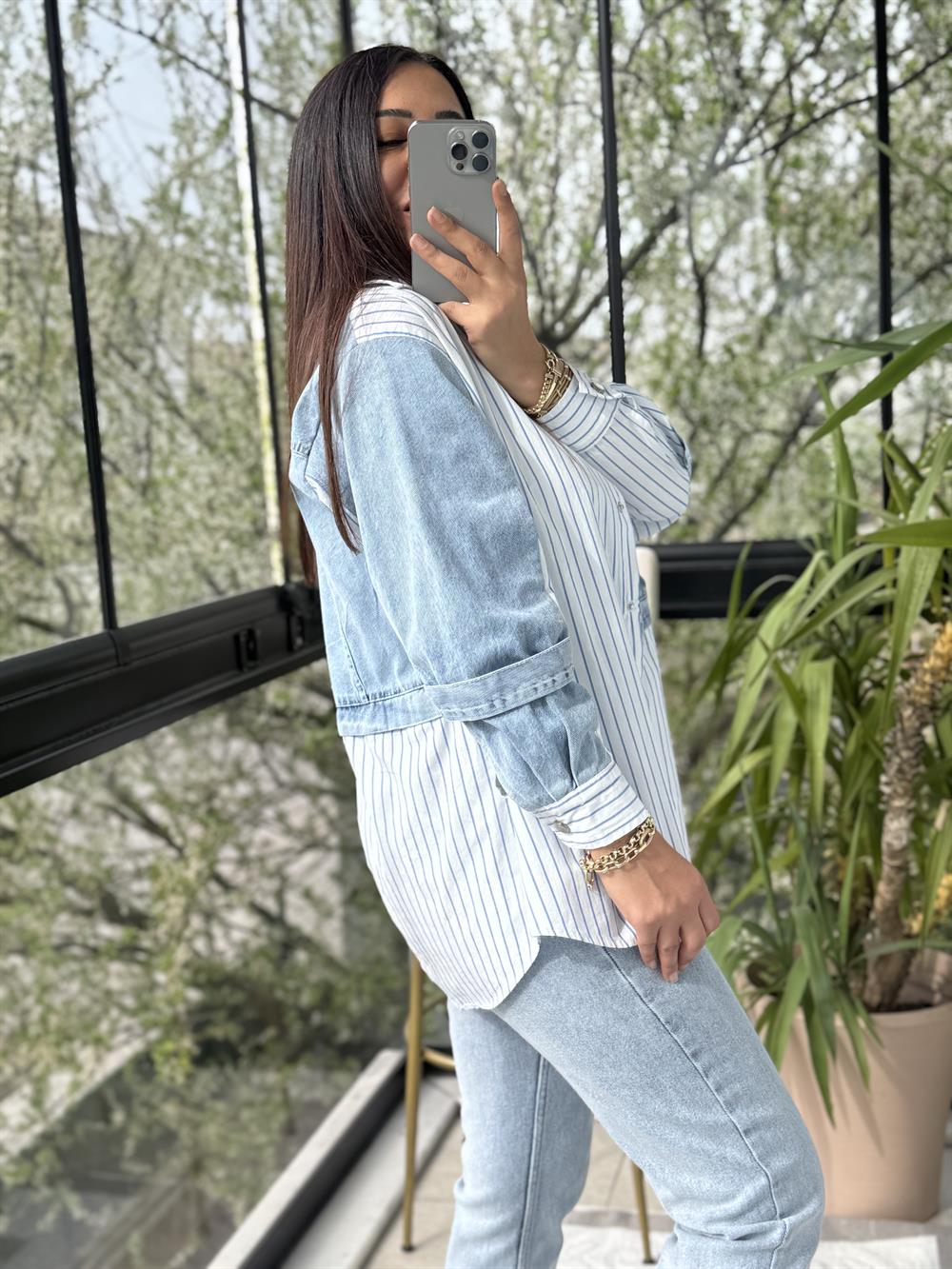 Kot Detaylı Çizgili Poplin Gömlek Mavi 