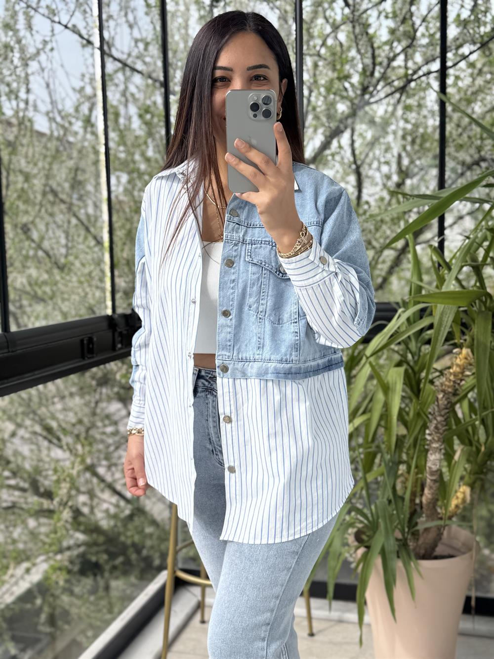 Kot Detaylı Çizgili Poplin Gömlek Mavi 