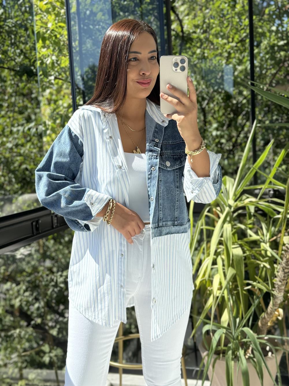 Kot Detaylı Çizgili Poplin Gömlek Mavi