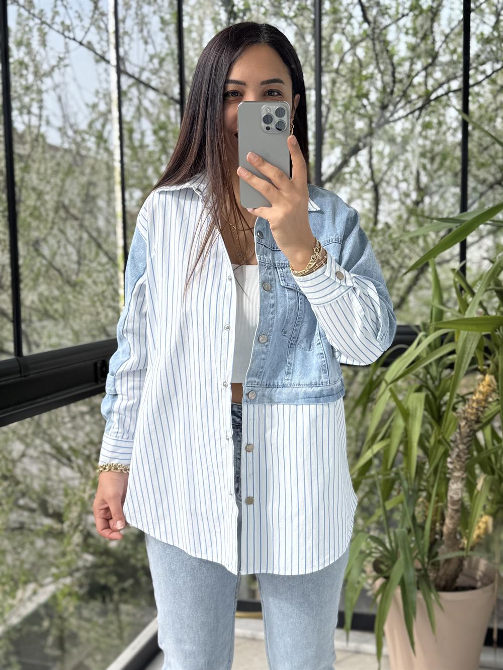 Kot Detaylı Çizgili Poplin Gömlek Mavi 