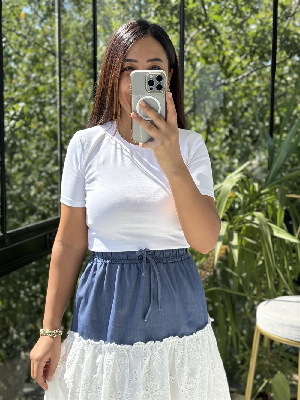 Kot Detaylı Fisto Etek Beyaz