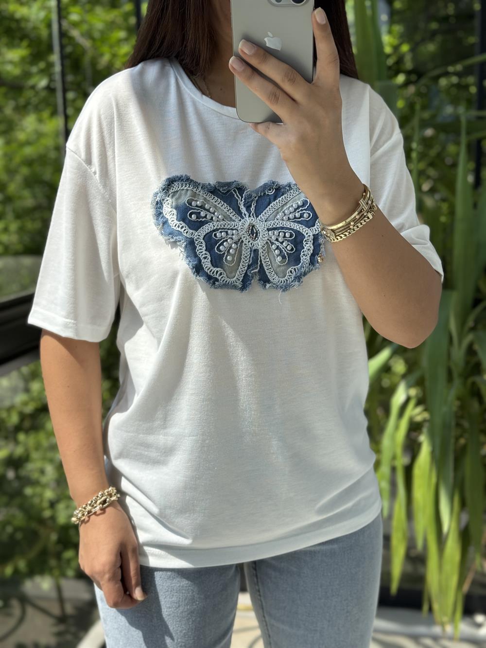 Kot Detaylı Kelebek Tişört Ekru