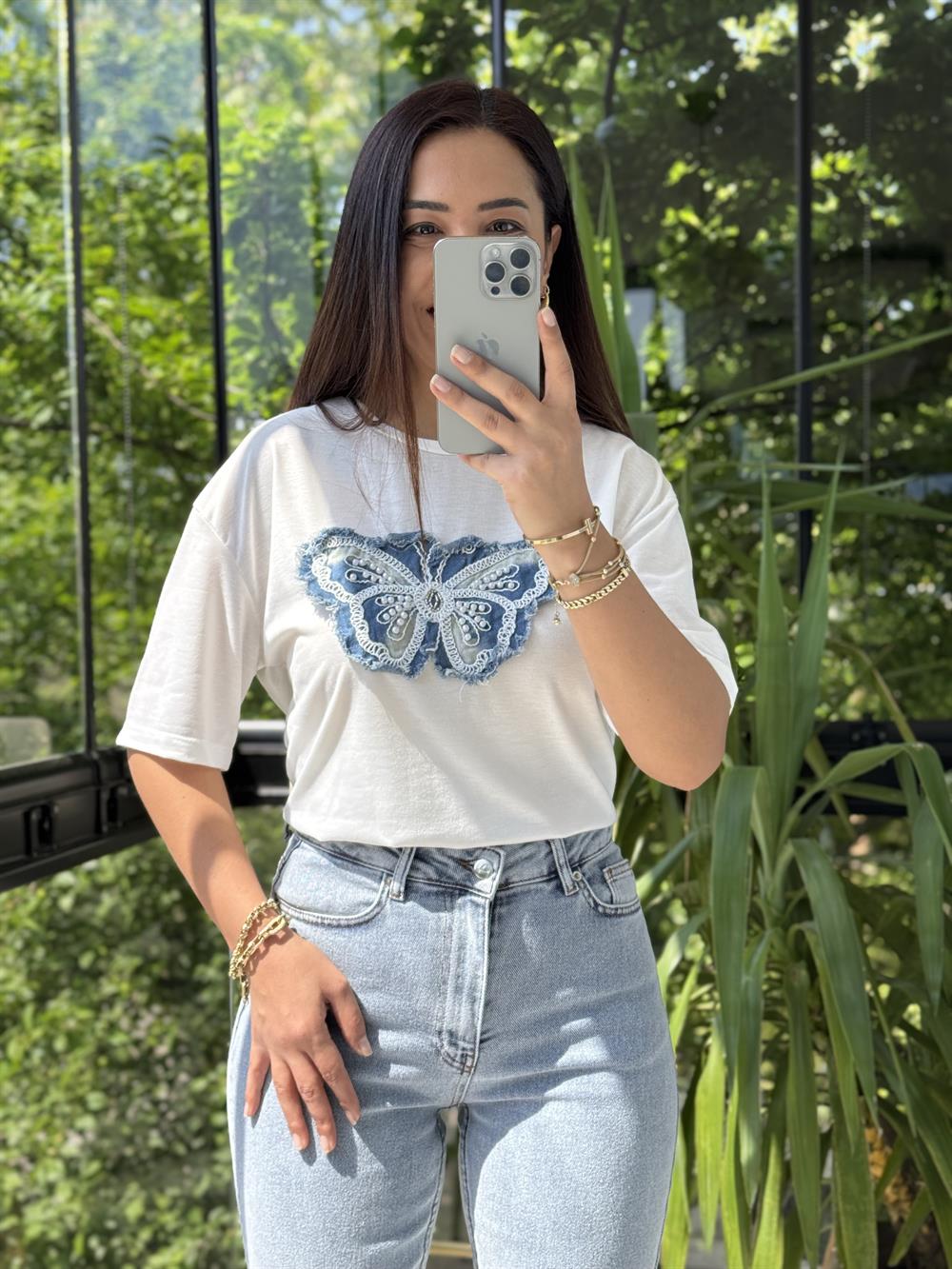 Kot Detaylı Kelebek Tişört Ekru